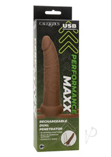 Performance Maxx Silicone Dual Penetrator Chocolate in packaging with USB rechargeability and supportive features.