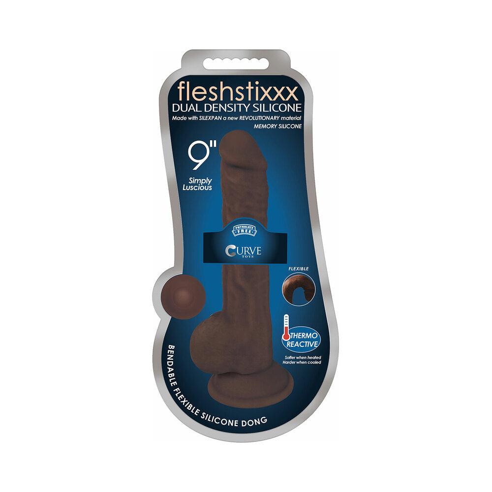 Curve Toys FLESHSTIXXX 9 inches Posable Dual Density Silicone Dildo with Balls & Suction Cup Brown