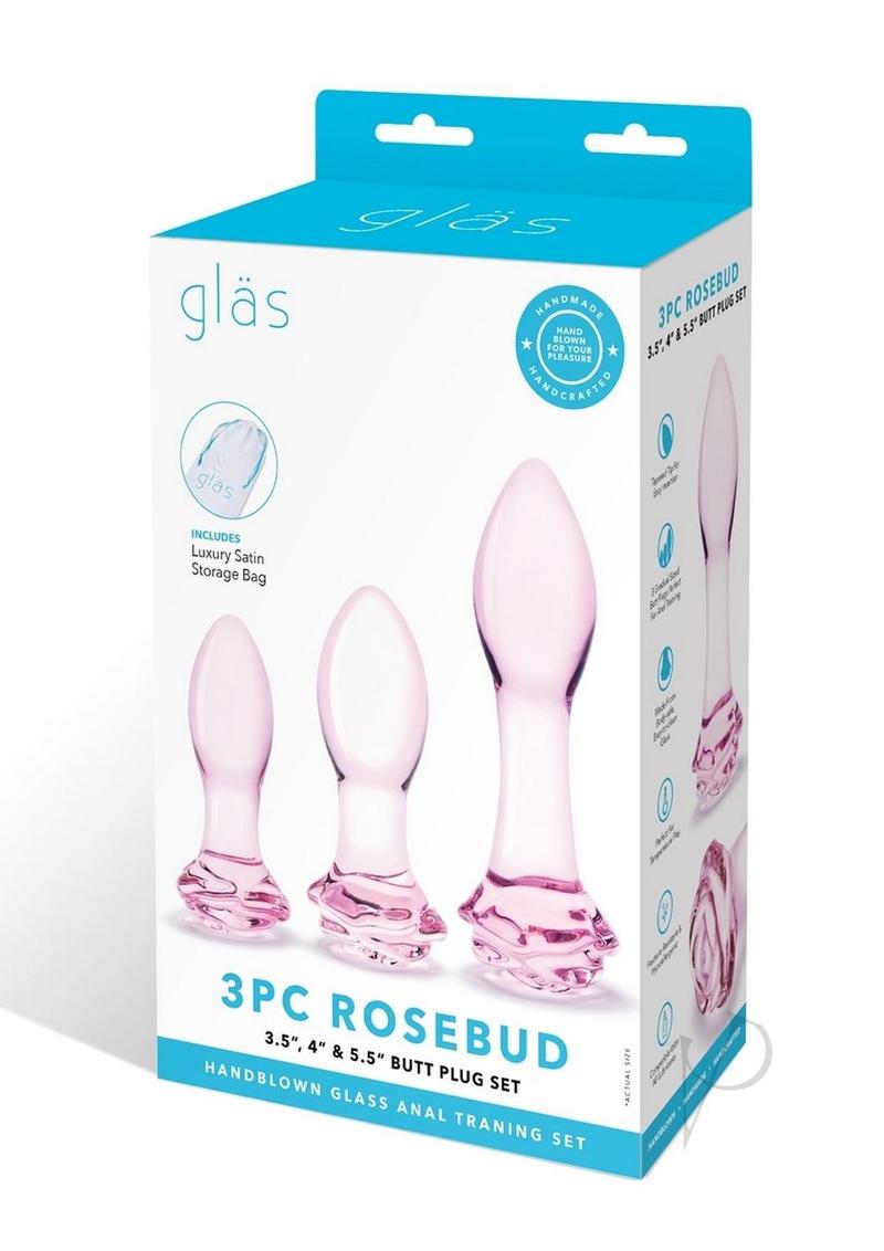 Glas Rosebud Butt Plug Set 3 Piece Pink with three graduated glass plugs in elegant packaging.