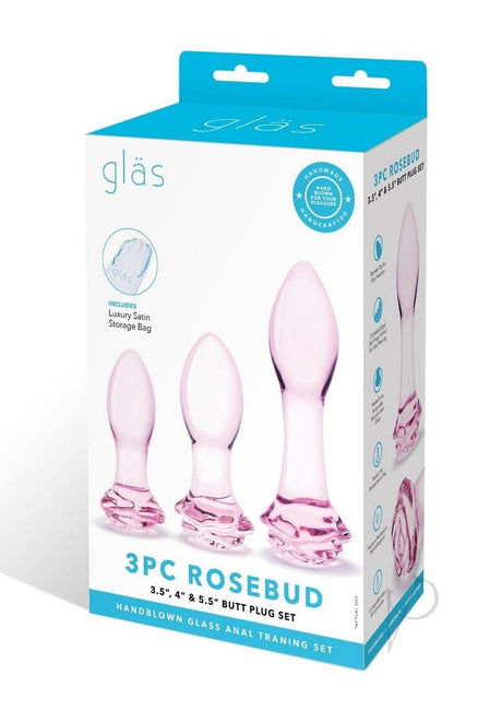 Glas Rosebud Butt Plug Set 3 Piece Pink with three graduated glass plugs in elegant packaging.