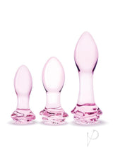 Glas Rosebud Butt Plug Set 3 Piece Pink featuring three graduated rose-shaped glass plugs.