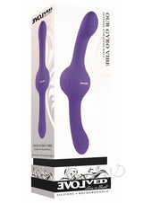 Our Gyro Vibe Rechargeable Silicone Dual End Vibrator Purple packaged in stylish box, showing the sleek design and features.