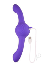 Our Gyro Vibe Rechargeable Silicone Dual End Vibrator Purple with USB charging cable.