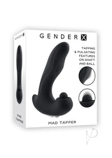 Gender X Mad Tapper Rechargeable Silicone Vibrator Black packaging featuring tapping and pulsating features.