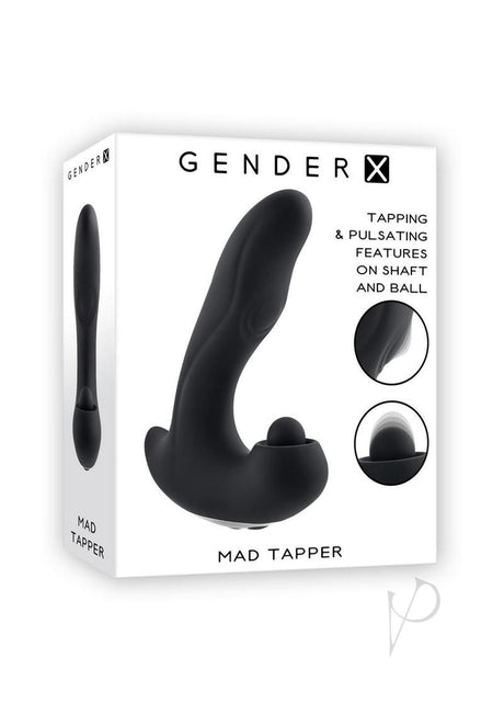 Gender X Mad Tapper Rechargeable Silicone Vibrator Black packaging featuring tapping and pulsating features.