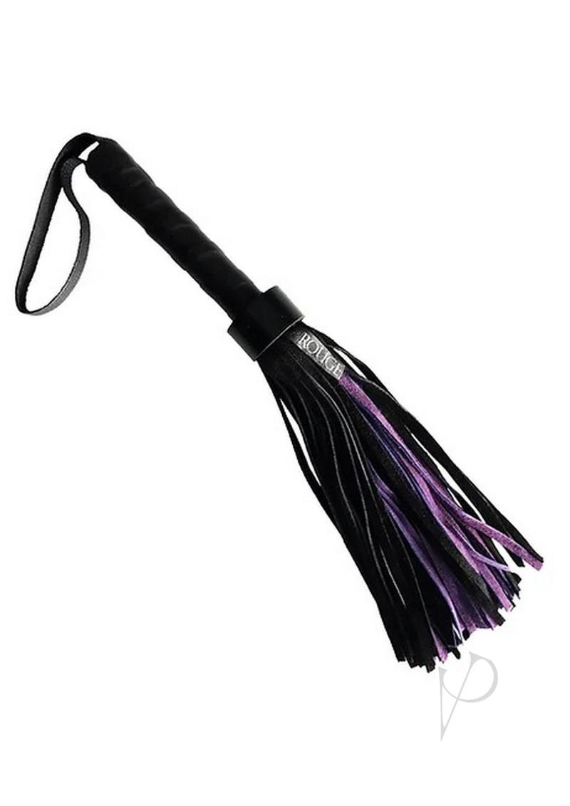Rouge Short Suede Flogger Black Purple, compact impact toy with leather handle and soft suede tails.