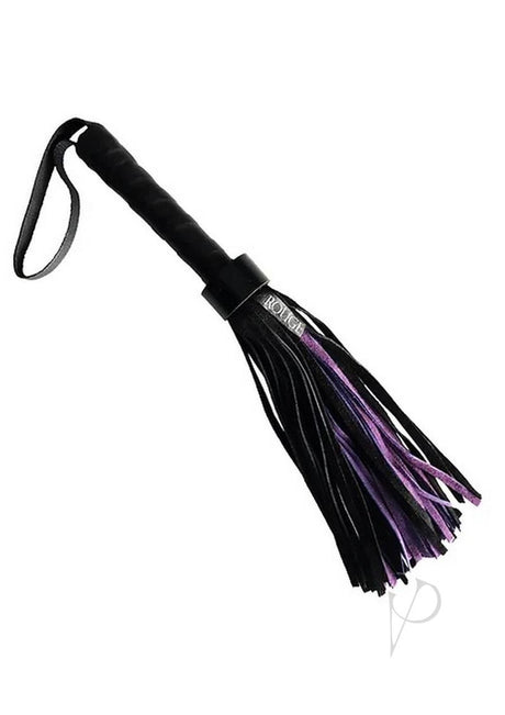Rouge Short Suede Flogger Black Purple, compact impact toy with leather handle and soft suede tails.
