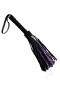 Rouge Short Suede Flogger Black Purple, compact impact toy with leather handle and soft suede tails.