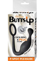 Butts Up P-Spot Silicone Cock Ring with Anal Plug Black packaging showing dual functionality as a cock ring and anal plug.