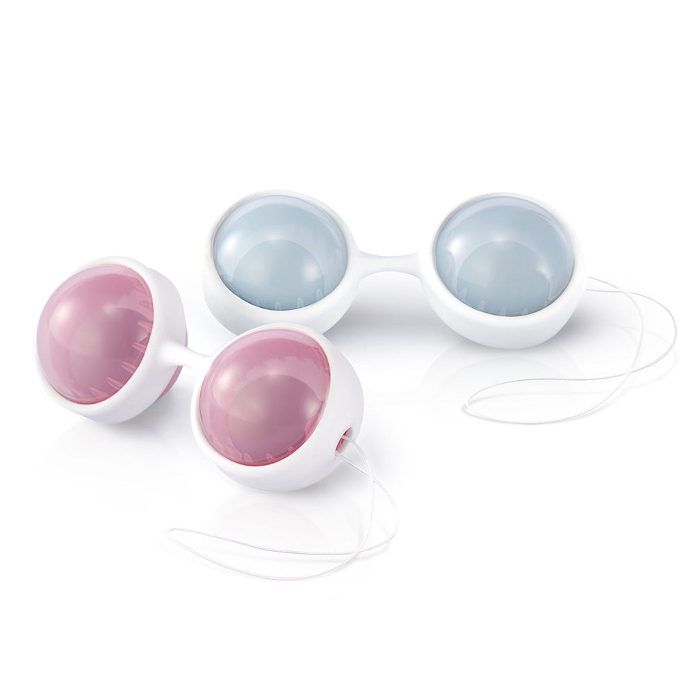 Lelo Beads Kegel Exerciser Set Weighted Balls in pink and blue, designed for pelvic floor muscle training.