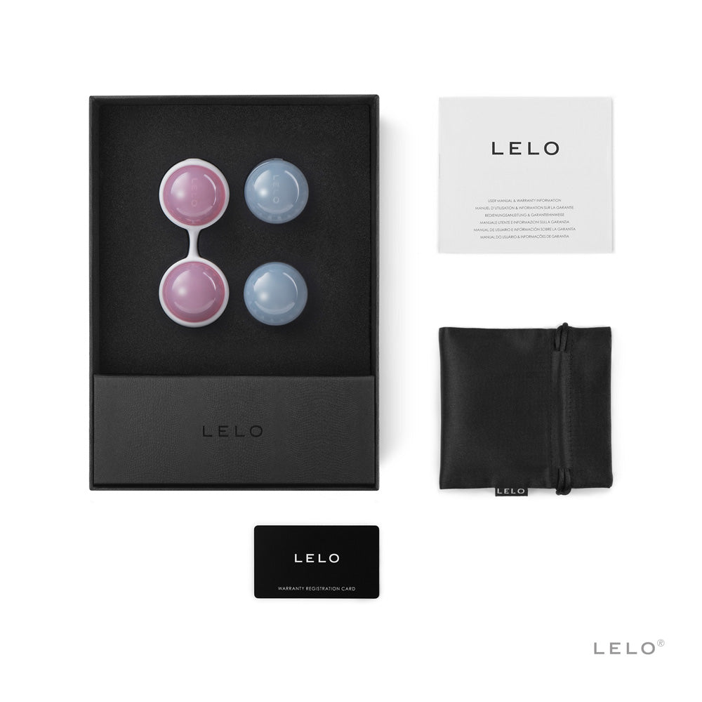 Lelo Beads Kegel Exerciser Set Weighted Balls in packaging with accessories and user card.