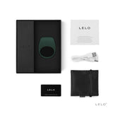 Lelo Tor 2 Green Vibrating Couples Cock Ring packaging with accessory card, storage pouch, and USB charger.