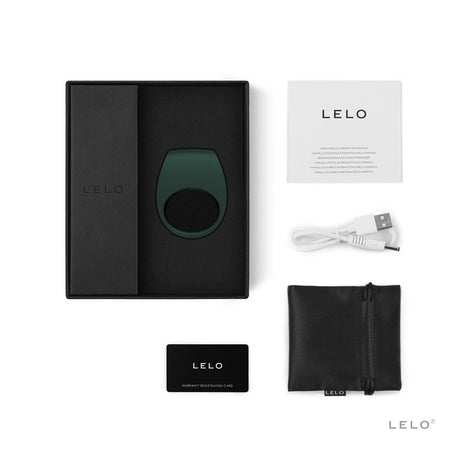 Lelo Tor 2 Green Vibrating Couples Cock Ring packaging with accessory card, storage pouch, and USB charger.