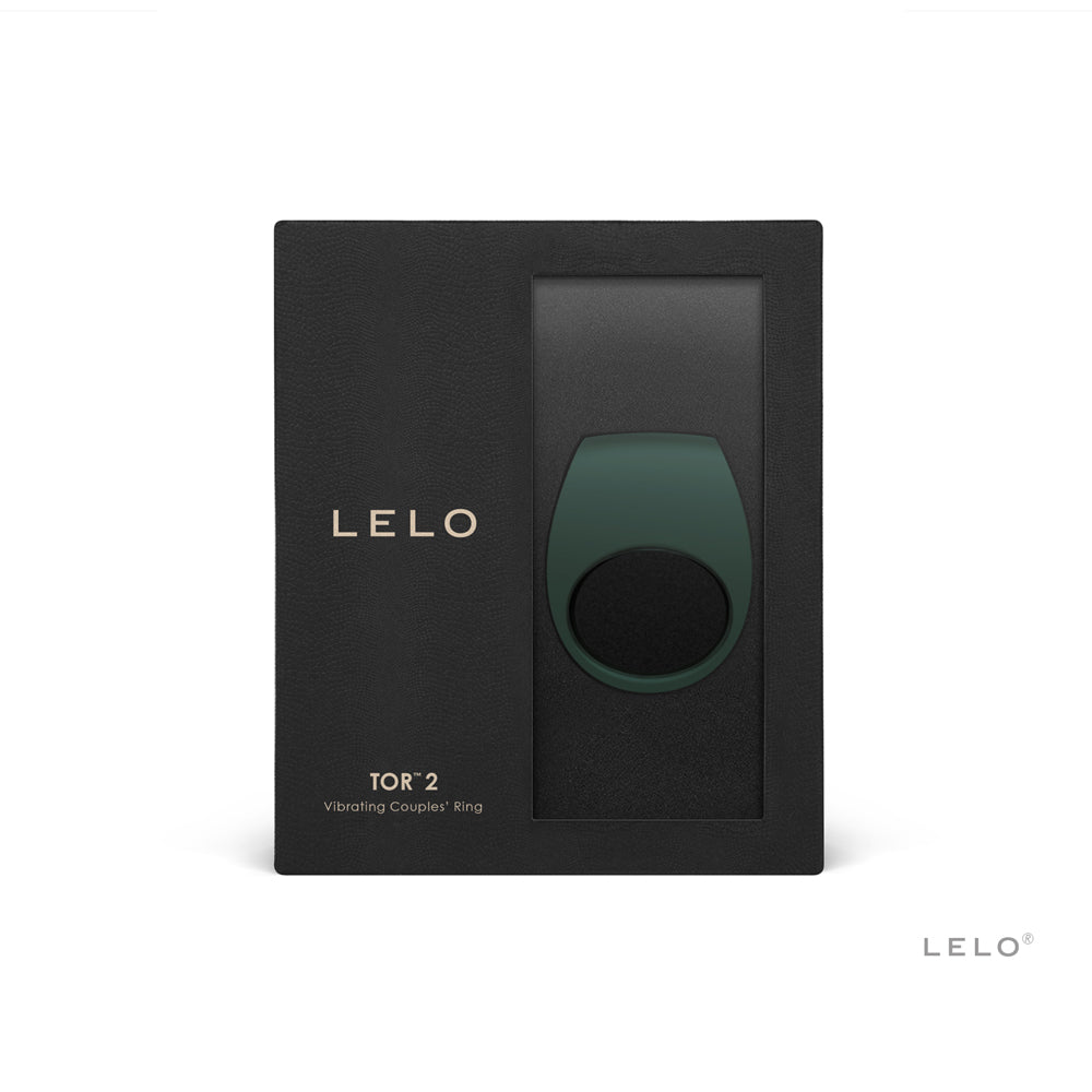 Lelo Tor 2 Green Vibrating Couples Cock Ring packaging displayed on a black background.