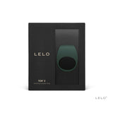 Lelo Tor 2 Green Vibrating Couples Cock Ring packaging displayed on a black background.