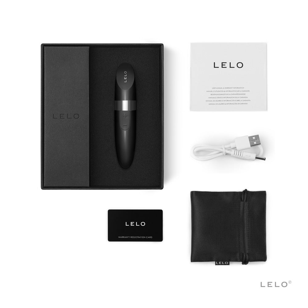 LELO Mia 2 Rechargeable Lipstick Vibrator Black in its elegant packaging with accessories including USB charging cable.