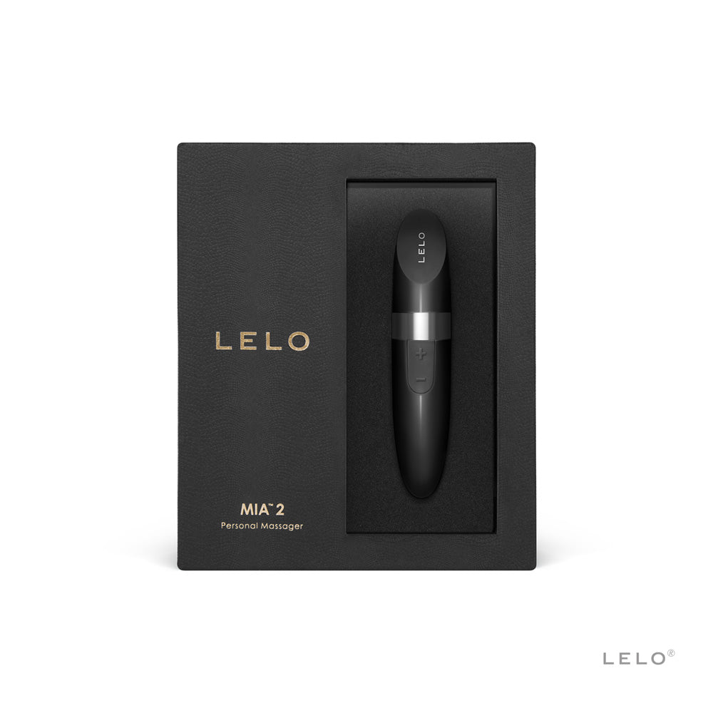 LELO Mia 2 Rechargeable Lipstick Vibrator Black in elegant packaging, showcasing sleek design and luxury style.