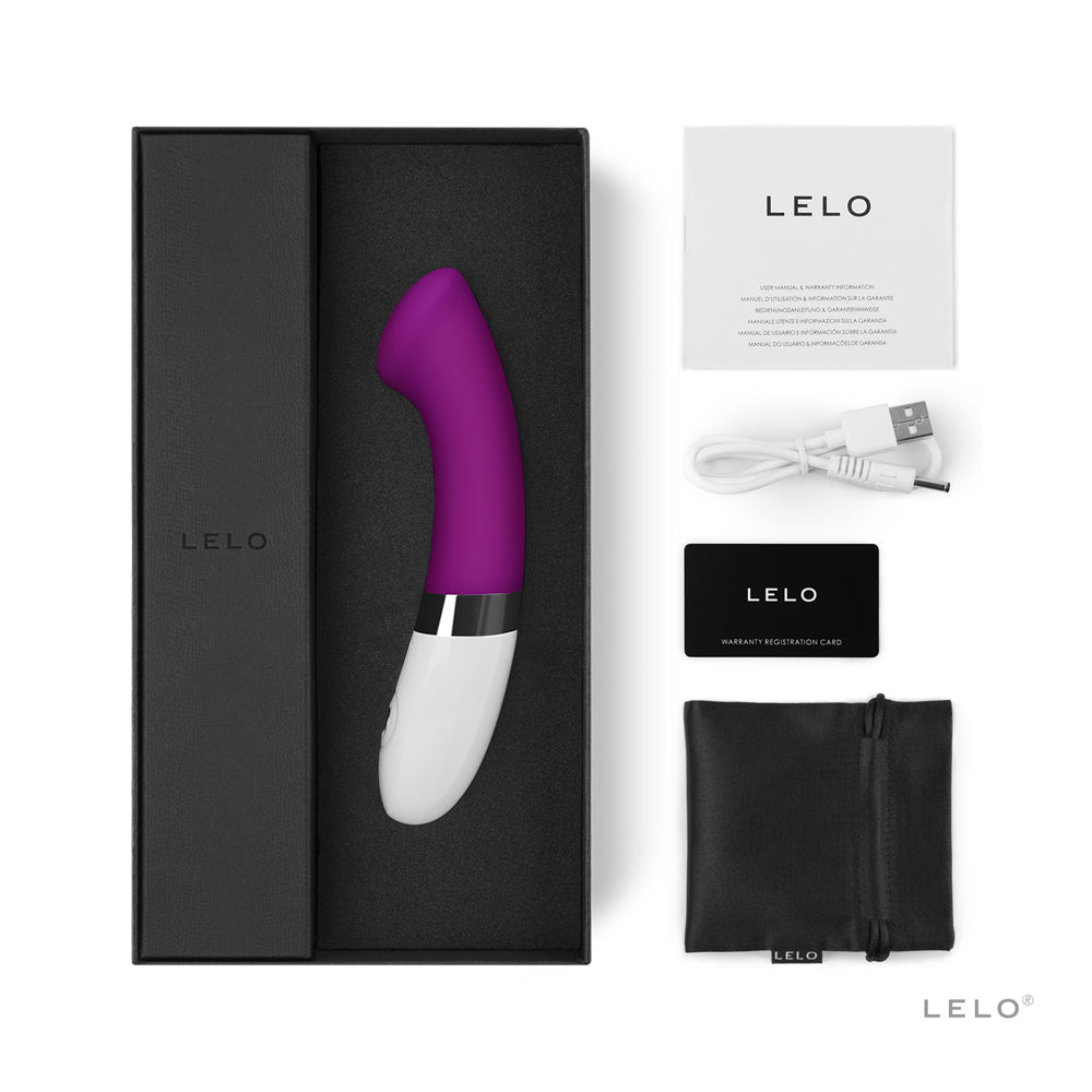 LELO Gigi 2 G-Spot Vibrator Deep Rose in its box with accessories, showcasing its elegant design.
