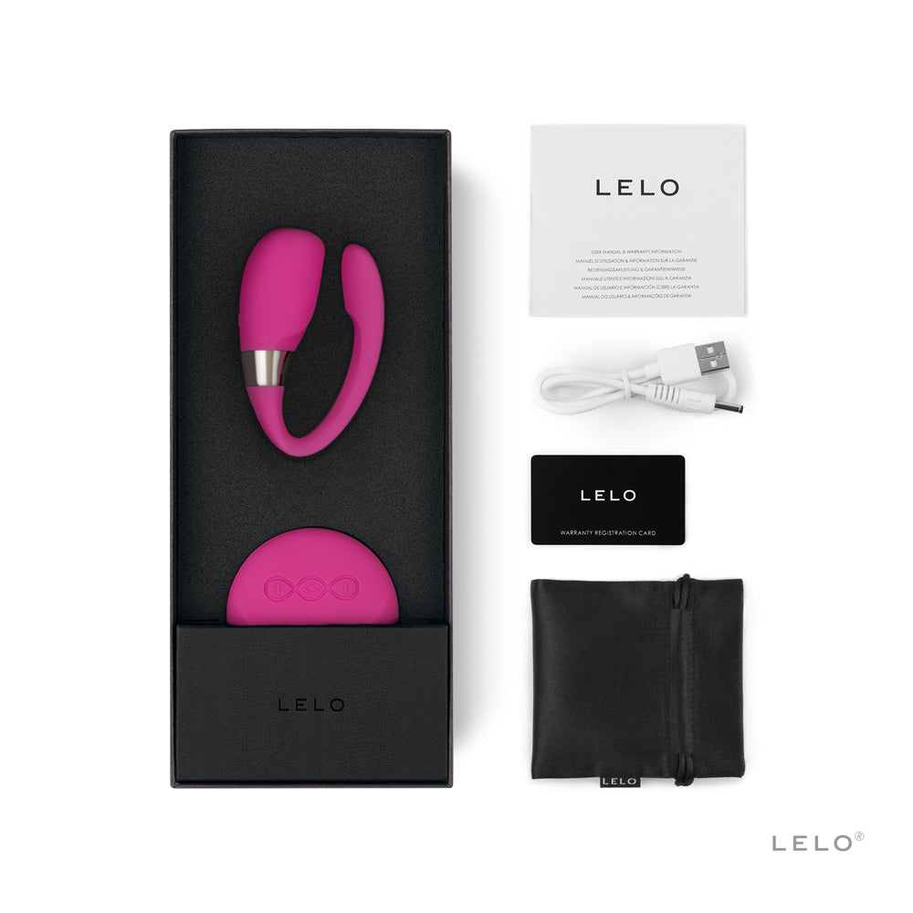 LELO Tiani 3 Cerise Remote Couples Vibrator in elegant packaging with user guide and accessories.