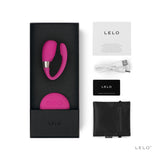LELO Tiani 3 Cerise Remote Couples Vibrator in elegant packaging with user guide and accessories.