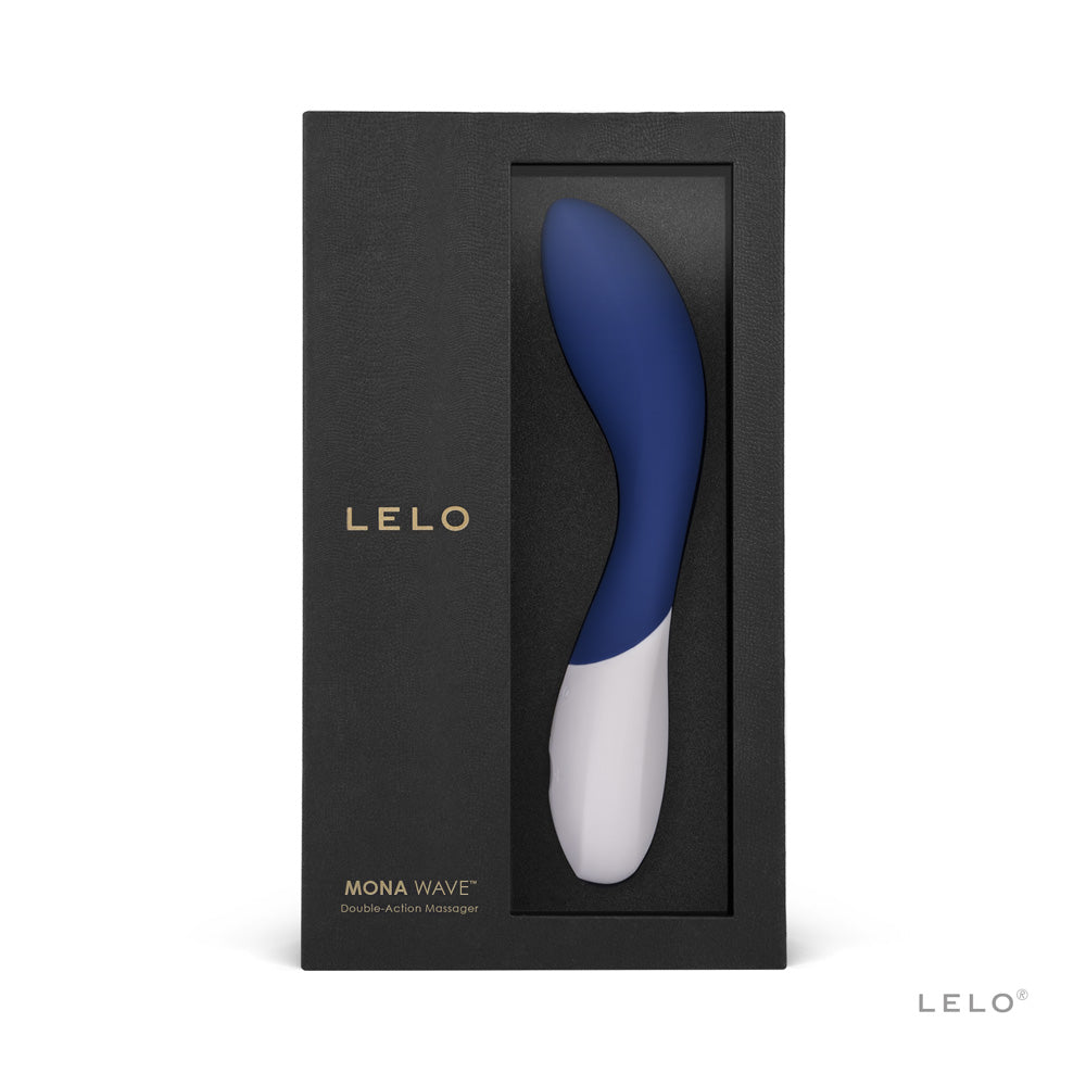 Lelo Mona Wave G-Spot Vibrator Midnight Blue in a sleek black packaging with gold branding.