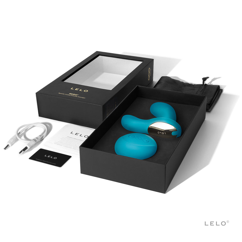 LELO Hugo Ocean Blue Remote Prostate Massager in an elegant packaging with accessories.