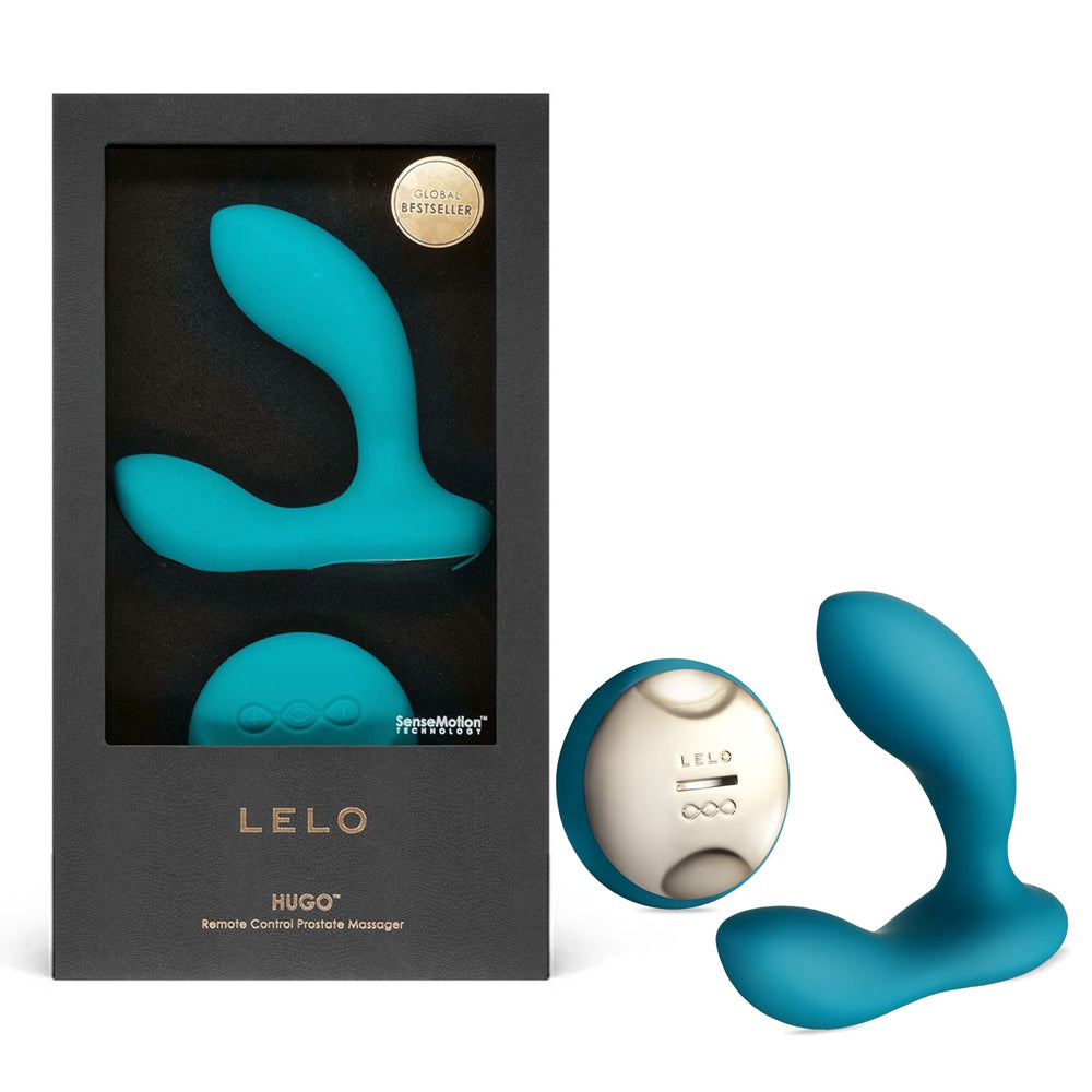 LELO Hugo Ocean Blue Remote Prostate Massager in packaging displaying dual-motor design for ultimate pleasure.