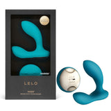 LELO Hugo Ocean Blue Remote Prostate Massager in packaging displaying dual-motor design for ultimate pleasure.