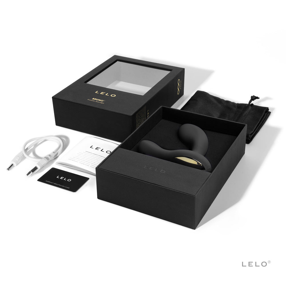 Lelo Bruno Prostate Massager Black in packaging with accessories including charging cable and storage pouch.