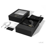 Lelo Bruno Prostate Massager Black in packaging with accessories including charging cable and storage pouch.