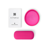 Intimina Ziggy Cup Reusable Menstrual Cup accessories including a pink case and a user guide.