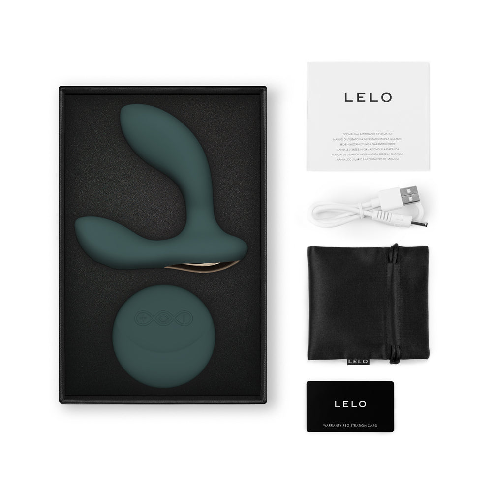 Lelo Hugo 2 Remote Prostate Massager Green packaging with accessories and instructions.