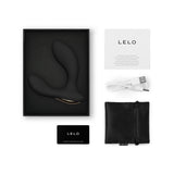 Lelo Hugo 2 App-Connected Prostate Massager Black in box with accessories including USB charging cable and instructions.