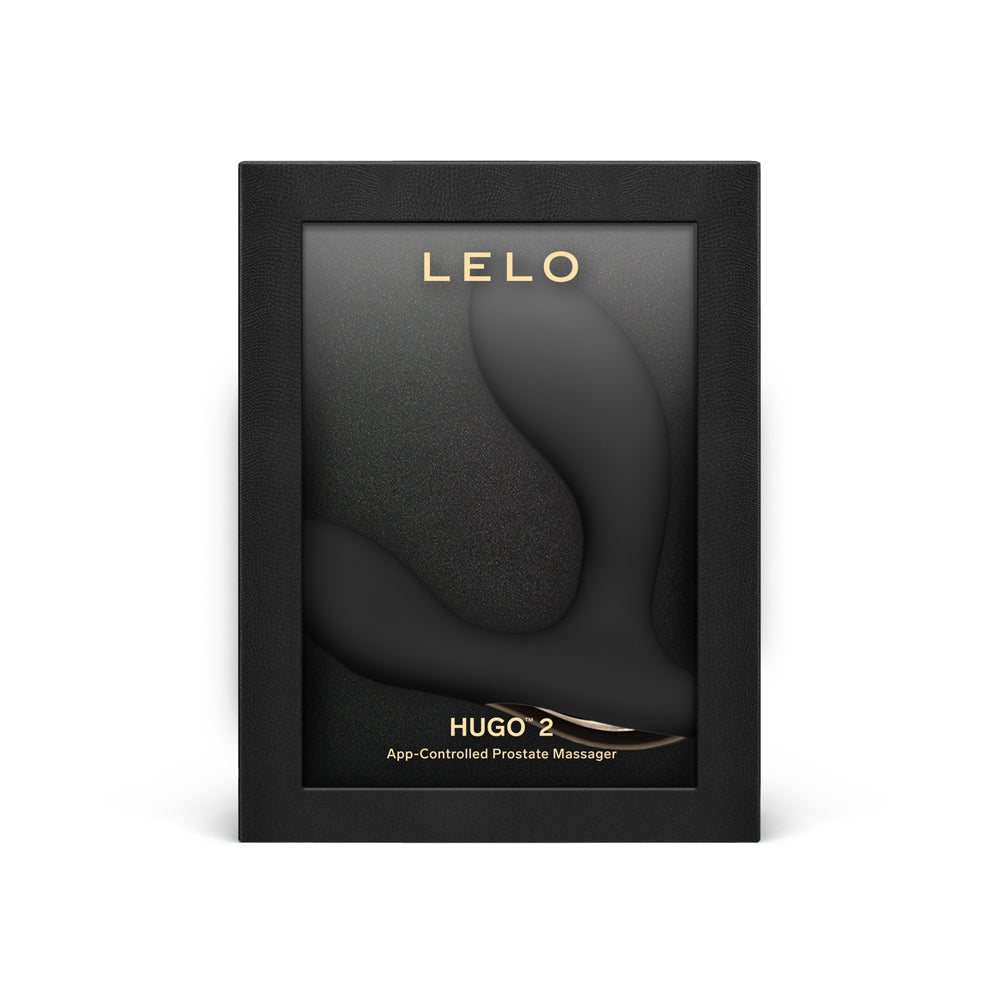 Lelo Hugo 2 App-Connected Prostate Massager Black packaging design on a black background.