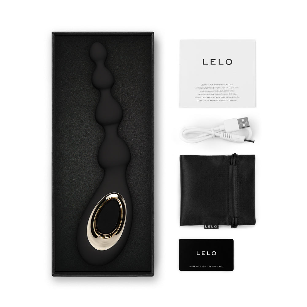 Lelo Soraya Beads Vibrating Anal Massager Black in elegant packaging with accessories, USB cable, and leaflets.