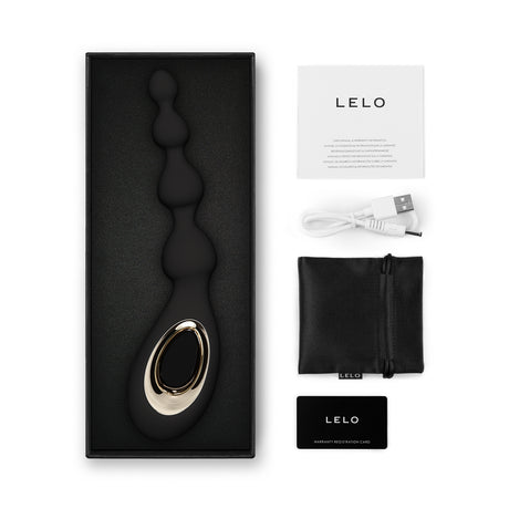 Lelo Soraya Beads Vibrating Anal Massager Black in elegant packaging with accessories, USB cable, and leaflets.