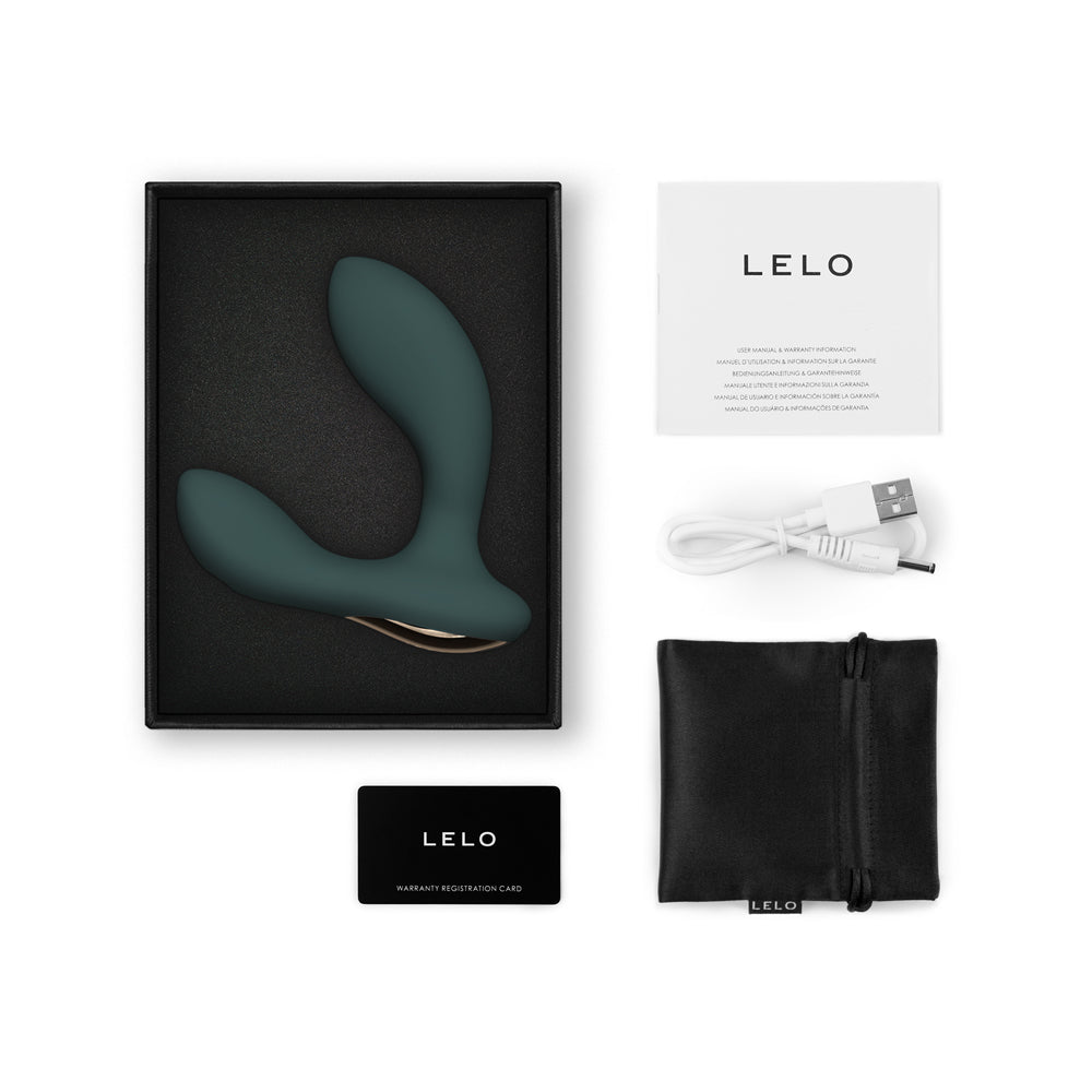 Lelo Hugo 2 App-Connected Prostate Massager Green in its packaging with accessories, including charger and warranty card.