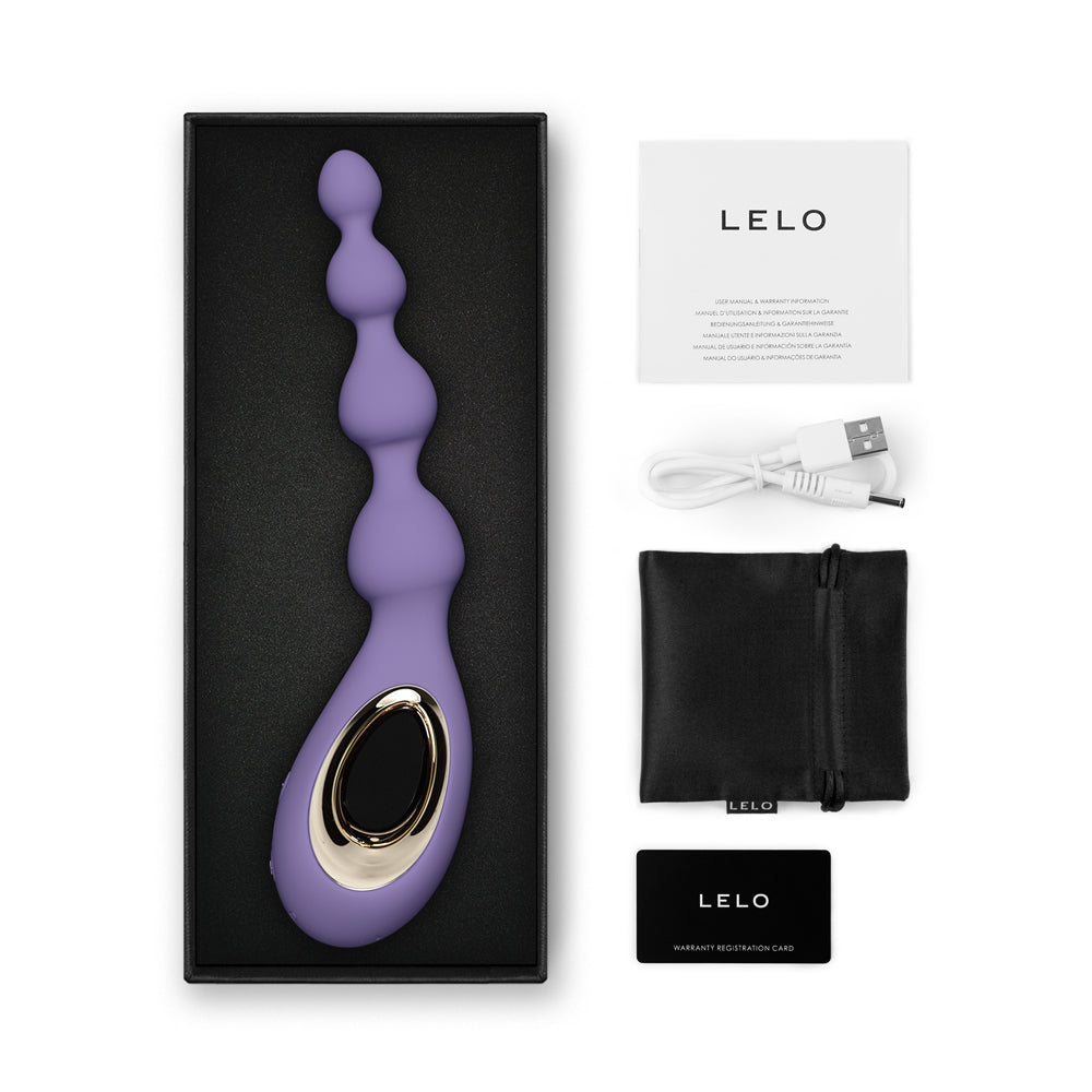 Lelo Soraya Beads Anal Vibrator Violet Dusk presented in a sleek box with accessories.