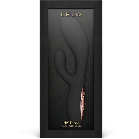 Lelo Ina Thrust Thrusting Rabbit Vibrator Black displayed in elegant packaging with sleek design.