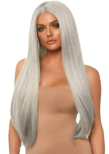 Leg Avenue Long Straight 33 inches Center Part Wig Grey model wearing a long grey wig with silky straight hair