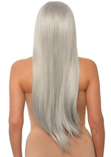 Leg Avenue Long Straight 33 inches Center Part Wig Grey displayed from the back, showcasing long, silky, straight hair.