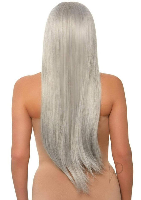 Leg Avenue Long Straight 33 inches Center Part Wig Grey displayed from the back, showcasing long, silky, straight hair.