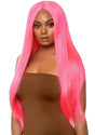 Leg Avenue Long Straight 33 Center Part Wig OS Neon Pink worn by a model with long, sleek neon pink hair.