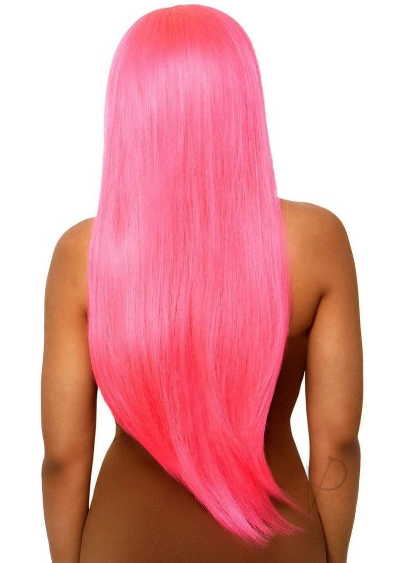 Leg Avenue Long Straight 33 Center Part Wig OS Neon Pink displayed from the back, showcasing vibrant neon pink hair.