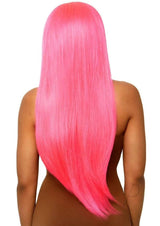 Leg Avenue Long Straight 33 Center Part Wig OS Neon Pink displayed from the back, showcasing vibrant neon pink hair.