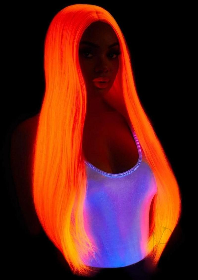 Leg Avenue Long Straight 33 Center Part Wig OS Neon Pink worn by a model with long straight neon hair against a black background.