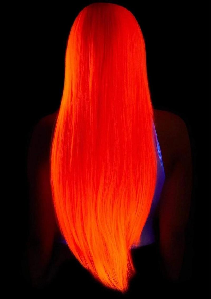 Leg Avenue Long Straight 33 Center Part Wig OS Neon Pink showcasing vibrant neon pink long hair from the back.