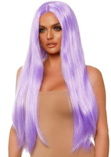 Leg Avenue Long Straight 33 inch Center Part Wig Lavender worn by a model showcasing its vibrant color and silky texture.