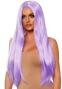 Leg Avenue Long Straight 33 inch Center Part Wig Lavender worn by a model showcasing its vibrant color and silky texture.