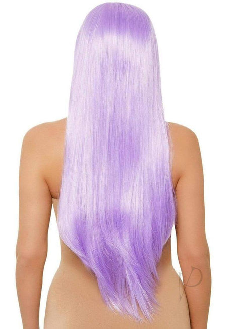 Leg Avenue Long Straight 33 inch Center Part Wig Lavender showcasing a long, silky lavender wig from the back, highlighting its smooth texture.
